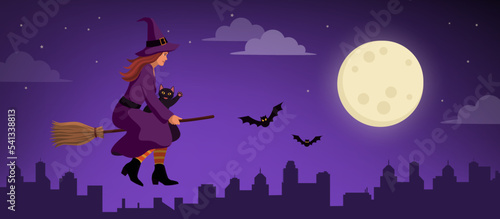 Witch riding a broom and flying in the sky