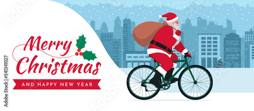 Eco-friendly Santa Claus riding a bicycle