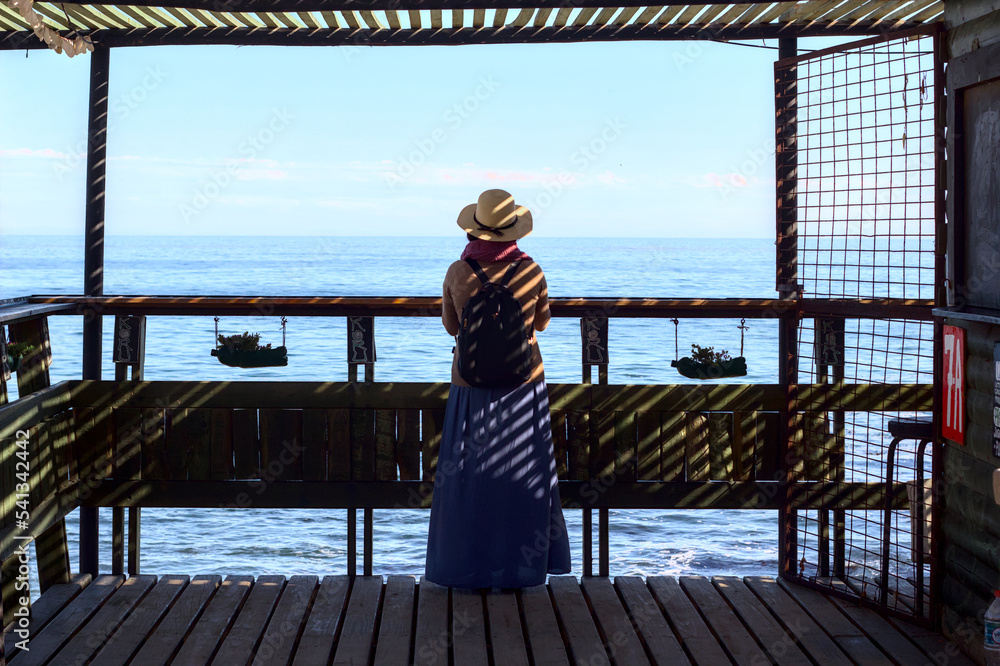 turista mujer mirando el mar desde una terraza de madera rustica o artesanal
