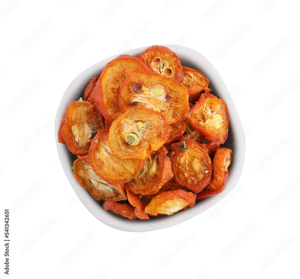 Bowl of cut dried kumquat fruits isolated on white, top view Bowl of cut dried kumquat fruits isolated on white, top view