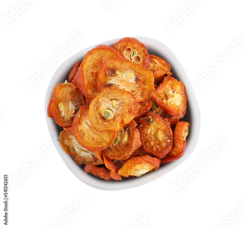 Bowl of cut dried kumquat fruits isolated on white, top view