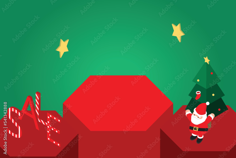 Christmas isometric discount sale banner template with podium promotion for advertising with Santa Claus