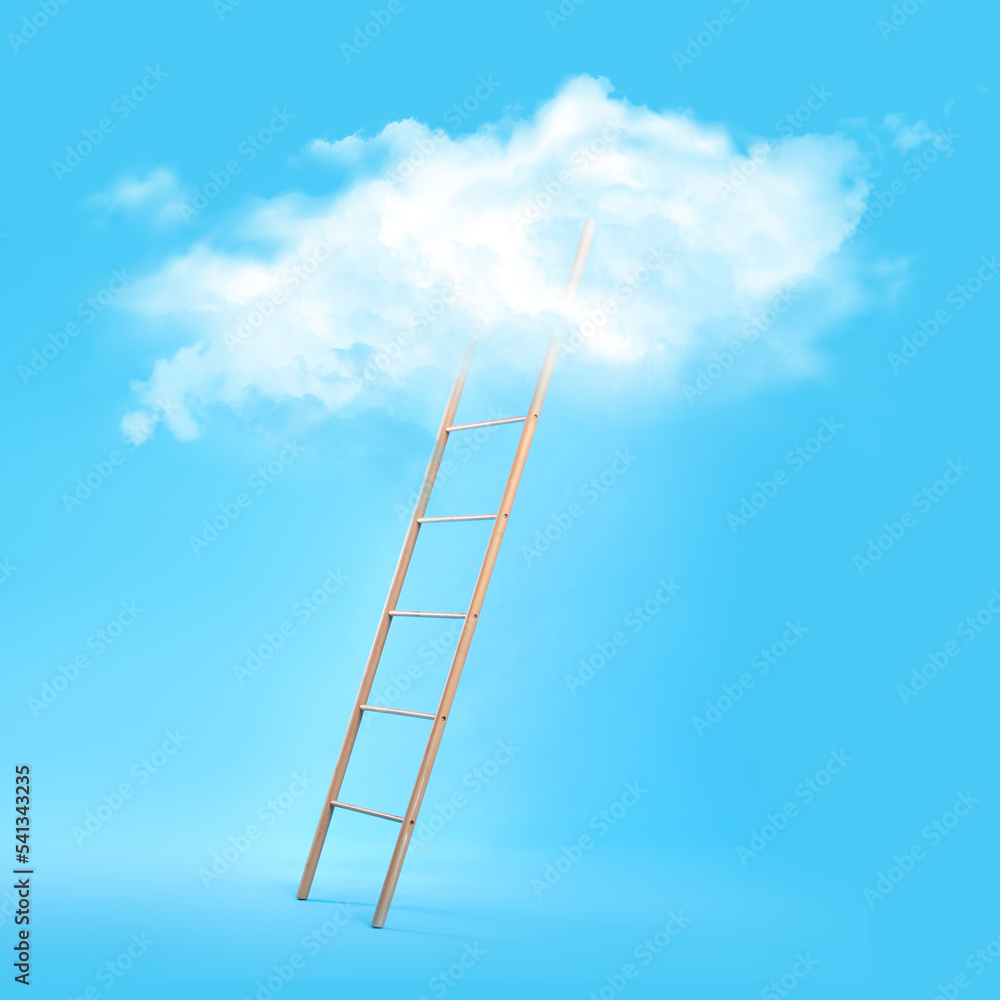Wooden ladder leading to white cloud on light blue background. Concept of growth and development Wooden ladder leading to white cloud on light blue background. Concept of growth and development