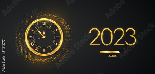 Happy New Year 2023. Golden metallic numbers 2023, gold watch with Roman numeral and countdown midnight with loading bar on shimmering background. Bursting backdrop with glitters. Vector illustration.