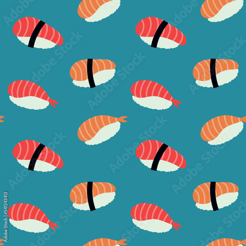 Ebi Sushi seamless pattern, vector illustration. Design for Asian restaurant food delivery packages. Japanese traditional food.