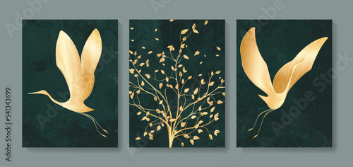 Dark luxury art background with tree and birds in golden line art style. Vector set of hand drawn prints for decoration, print, textile, wallpaper, banner, packaging.