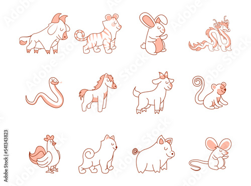 Set of animals baby chinese horoscope vector illustration