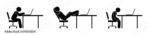 man in office, computer work icon, stick figure pictogram people 