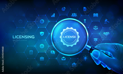 Licensing. License agreement concept. Patents copyright intellectual protection law license property rights. Business technology concept with magnifier in wireframe hand and icons. Vector illustration