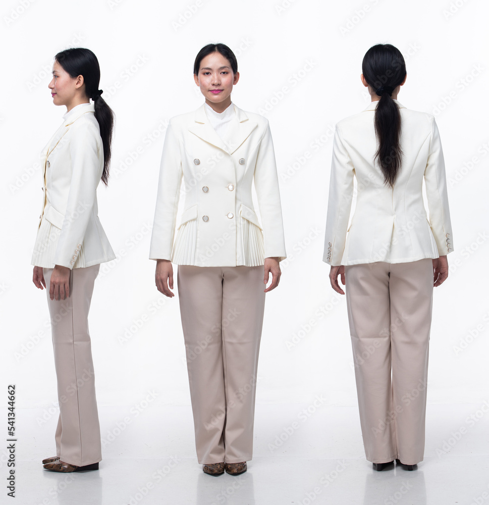 Full length 20s Asian Woman wear formal business blazer suit dress pant shoes. Black long straight hair female feel happy smile confident, turn 360 from side rear back view, white background isolated Full length 20s Asian Woman wear formal business blazer suit dress pant shoes. Black long straight hair female feel happy smile confident, turn 360 from side rear back view, white background isolated