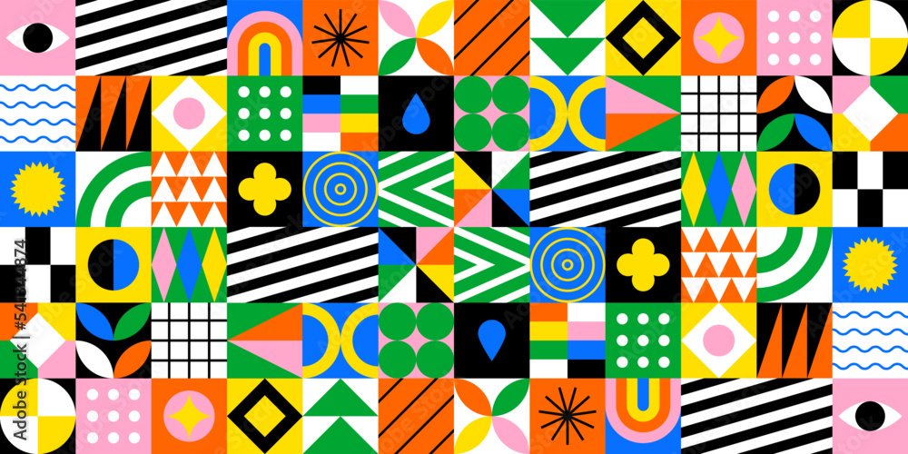 Colorful geometric mosaic seamless pattern illustration with creative abstract shapes. Modern scandinavian style background print. Trendy bright symbols and minimalist shape texture, geometry collage.