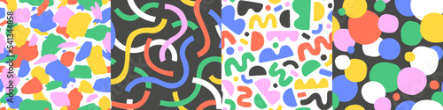Fun colorful seamless pattern collection. Creative minimalist style art background for children or trendy design with basic shapes. Simple childish doodle backdrop set.