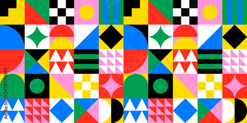 Colorful geometric shape mosaic illustration. Trendy scandinavian style seamless pattern, fun shapes, creative geometry concept design.