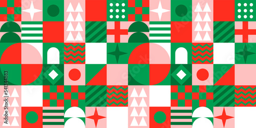Festive geometric mosaic seamless pattern illustration with creative abstract shapes. Christmas season background print. Scandinavian minimalist shape texture, geometry collage.