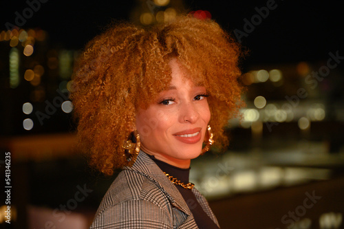 Young African-American Woman on LA Roof Top with Blonde Afro