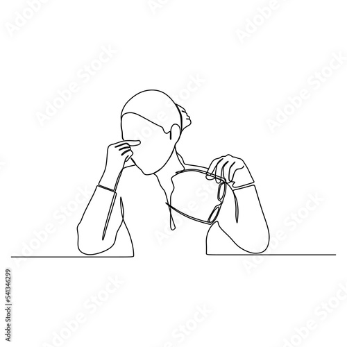 Continuous line drawing of business woman serious headache