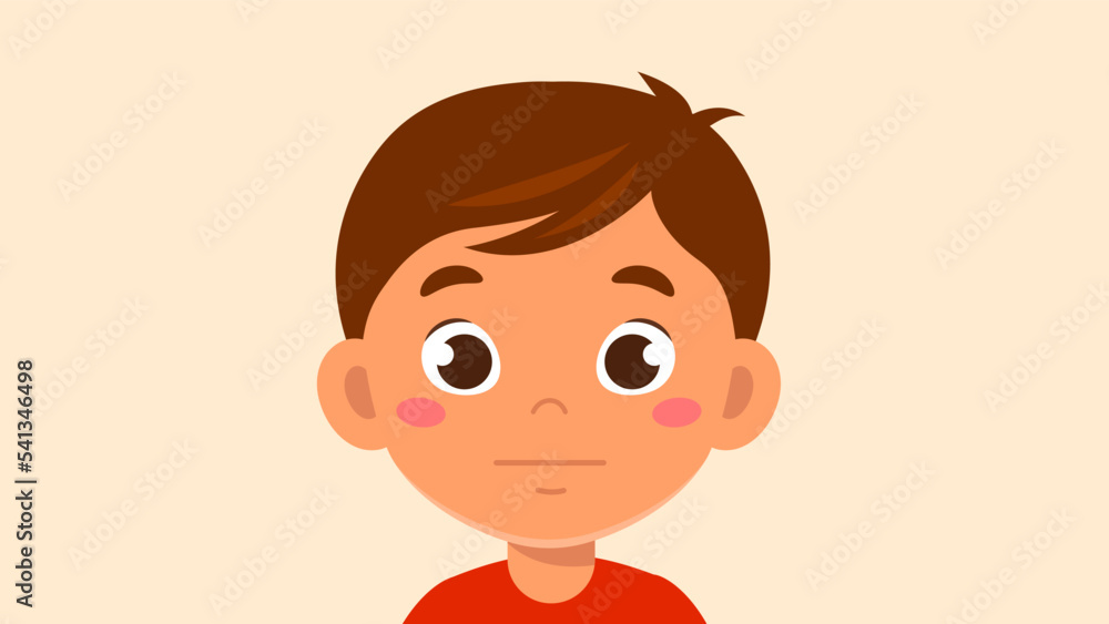 Child expresses different emotions. Little sad or thoughtful boy. Preschooler with neutral expression. Character experiences negative feelings. Design element for web. Cartoon flat vector illustration