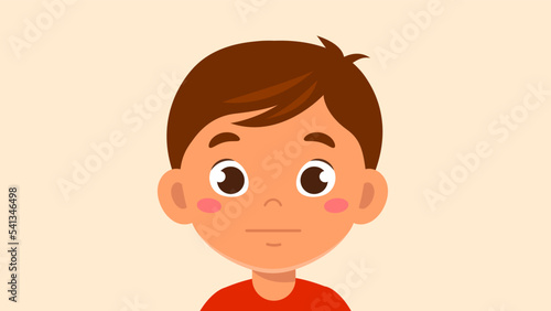 Child expresses different emotions. Little sad or thoughtful boy. Preschooler with neutral expression. Character experiences negative feelings. Design element for web. Cartoon flat vector illustration