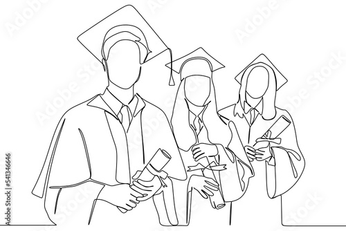 continuous line drawing of graduate students wearing cap and gown