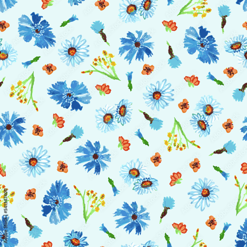 seamless pattern on blue background chamomile flowers