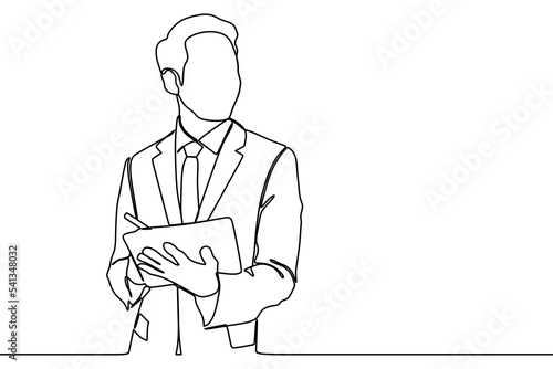 continuous line drawing of young asian business man holding a tablet