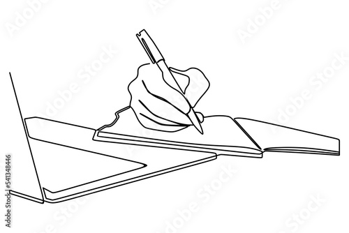 Continuous line drawing of cropped image of businessman with laptop computer and writing 