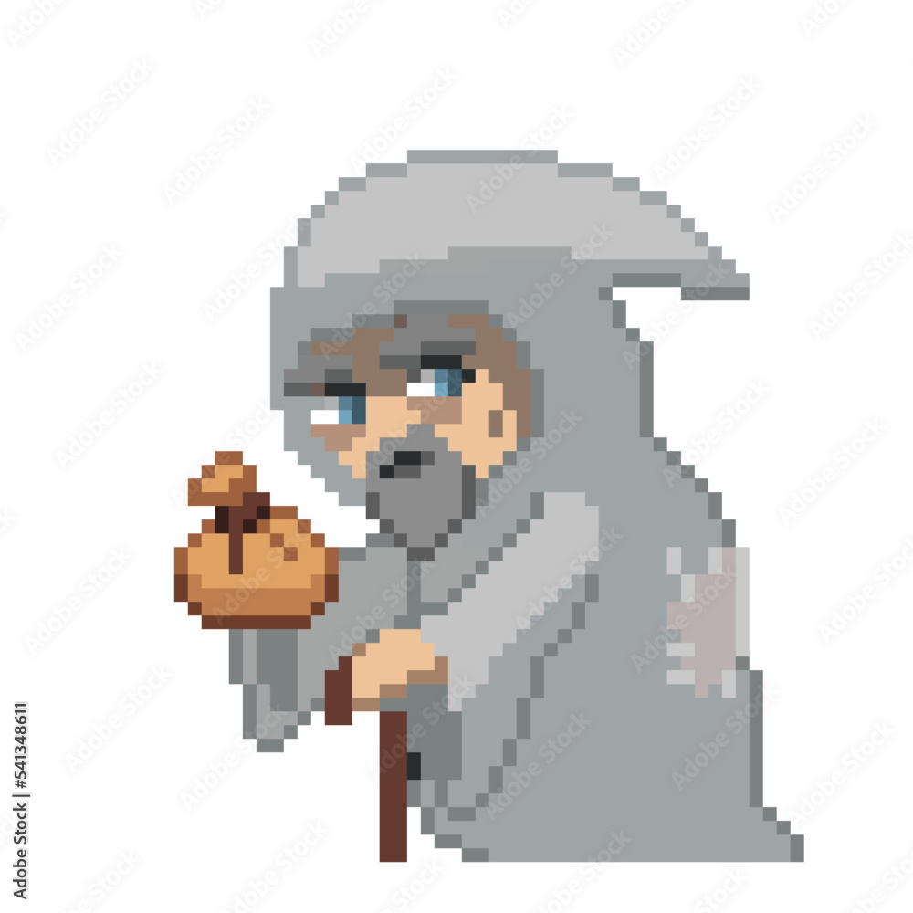 An 8-bit retro-styled pixel-art illustration of an old merchant with a gray beard wearing a white robe.
