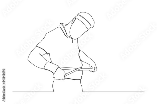 continuous line drawing of portrait of a sports man measuring his waist with tape