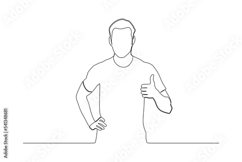continuous line drawing of cheerful young sports man posing showing thumbs up gesture