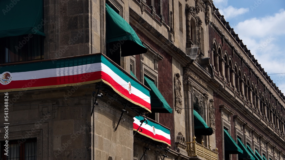 Mexican flag banner on a building near the Zocalo, in Mexico City