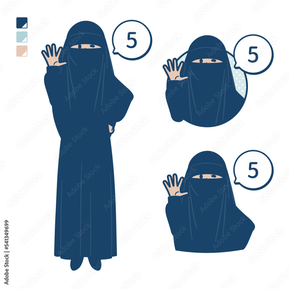 ニカブを着たイスラム教徒の女性が5とカウントしているイラスト