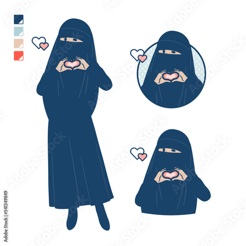 ニカブを着たイスラム教徒の女性が手でハートマークを作っているイラスト