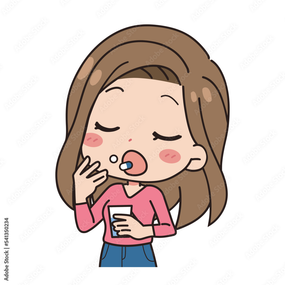 Illustration of a woman taking medicine, upper body. Illustration of a woman taking medicine, upper body.