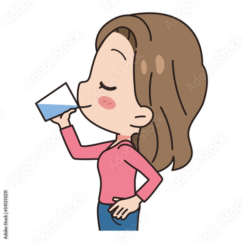 Illustration of a woman drinking water, upper body.