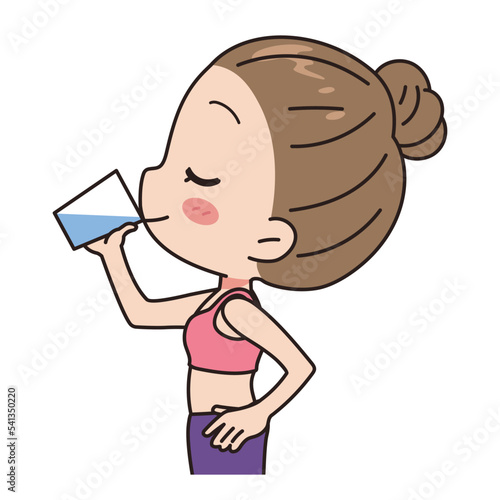 Illustration of a woman drinking water, upper body.
