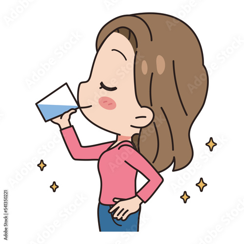 Illustration of a woman drinking water, upper body.