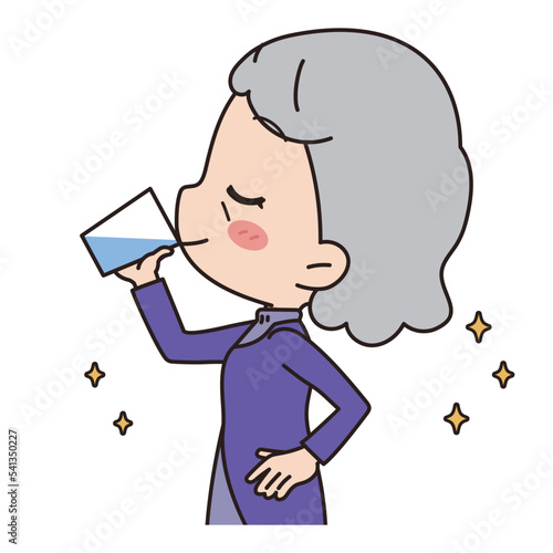 Illustration of a senior woman drinking water, upper body.