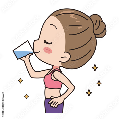 Illustration of a woman drinking water, upper body.