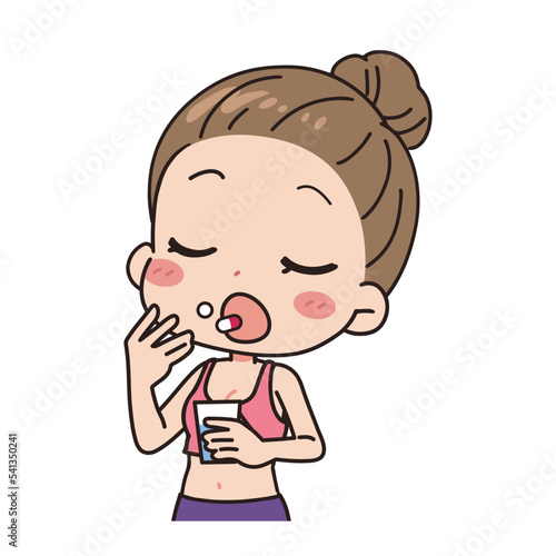 Illustration of a woman taking medicine, upper body.