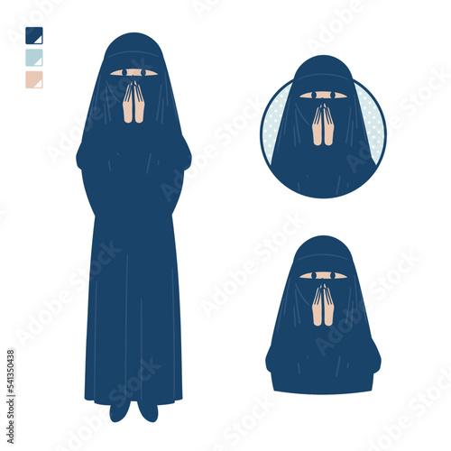 ニカブを着たイスラム教徒の女性が驚き不安な様子になっているイラスト