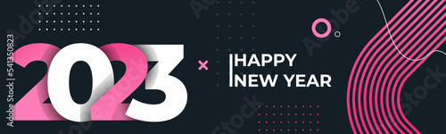Happy new year 2023 text design with modern geometric calligraphy on dark background. Creative greeting card colorful banner for the 2023 year