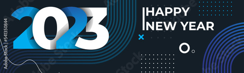 Happy new year 2023 text design with modern geometric calligraphy on dark background. Creative greeting card colorful banner for the 2023 year