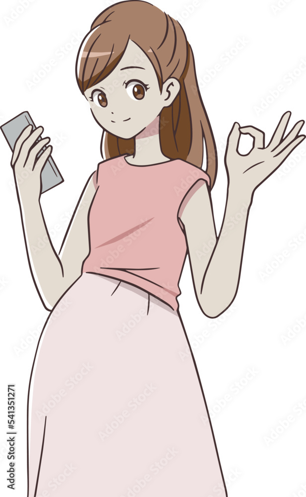 スマートフォンを持ち、OKマークをつくる妊婦