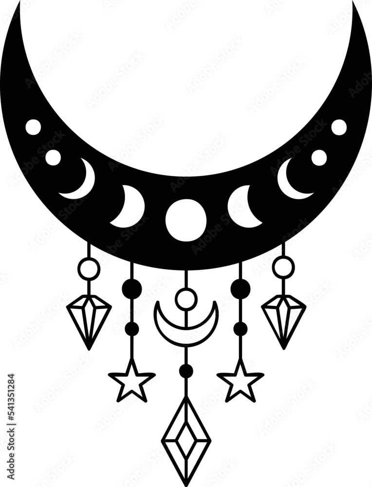 Side moon with internal phases and hanging crystals. Stock Vector