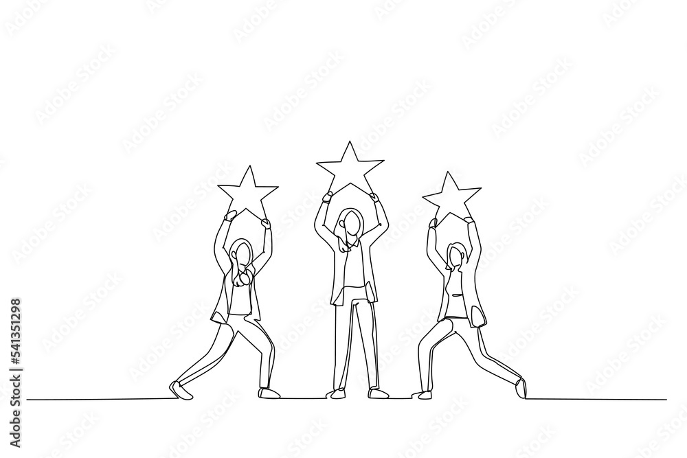 Cartoon of businesswoman holding stars. Metaphor for star rating. Single continuous line art style