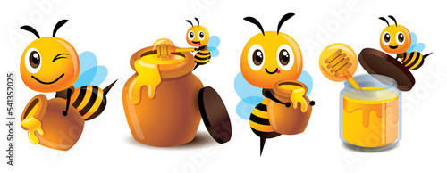 Cartoon cute bee mascot set. Cartoon cute bee with honey pot set. Cute bee carries honey pot and organic honey bottle character illustration isolated 