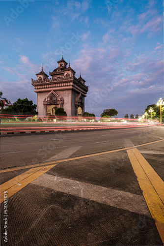 Patuxay monument is dedicated to the deads during the Independance war from France  shot during the blue hour in Vientiane  the capital city of Laos.
