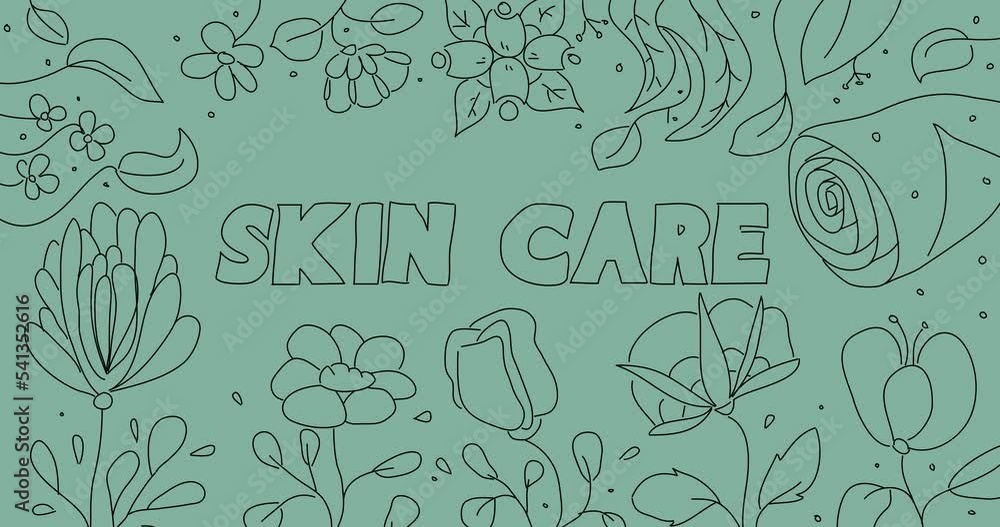 Flower line art background with Skin Care text. Wildflower cartoon ...