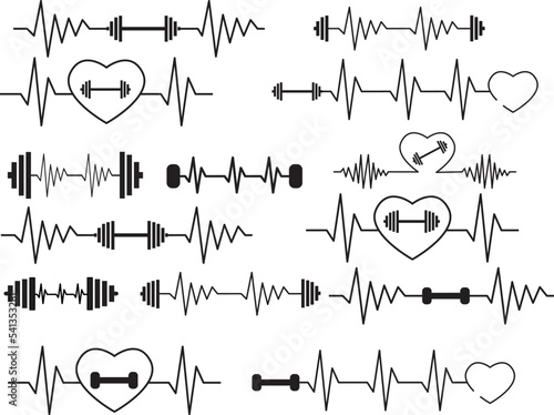 Heartbeat barbell set  on white background. Fitness Center Logo with pulse or heartbeat. flat style.