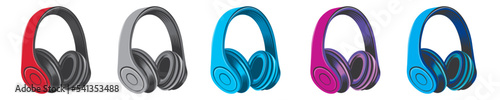 A set of red, gray, blue, purple, purple, neon wireless headphones on a white isolated background